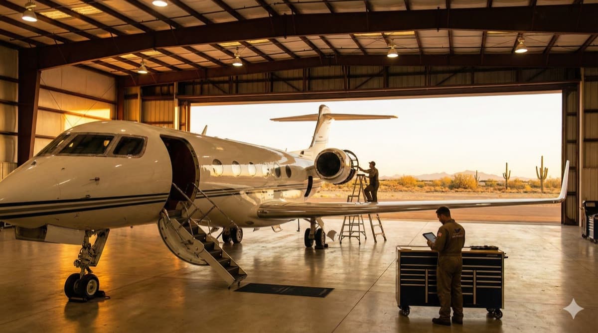 Private jet on tarmac with digital overlay